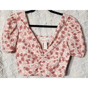Midnight‎ Sky Womens Linen Crop Top Size L Floral Feminine Romantic Puff Sleeve